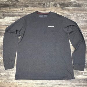 Patagonia Responsibili Tee Long Sleeve Shirt Gray Logo Back Medium
